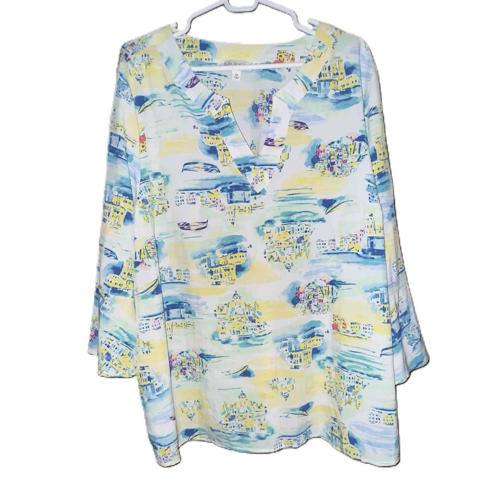 Kim Rogers Womens Floral 3/4 Sleeve V Neck Tunic Blouse Printed Design Size 3X